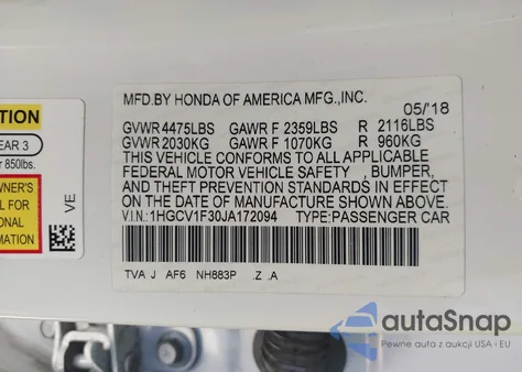 2018 Honda Accord Sport z USA, uszkodzony, nr VIN 1HGCV1F30JA172094